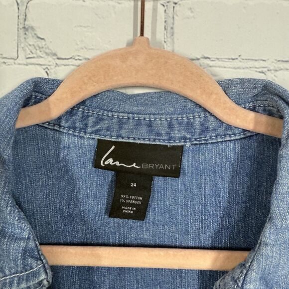 Lane Bryant Blouse Denim Women Size 24 Snap Button Chambray Roll Tab Sleeve Top - Picture 4 of 9